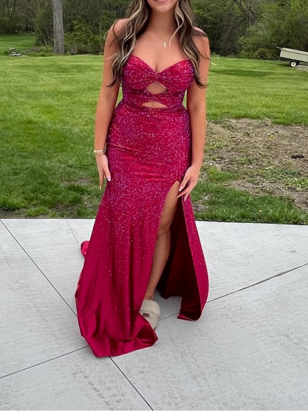 Sherri Hill Red Rhinestone-Studded Strapless Cutout Gown